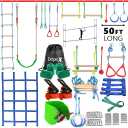 Ninja Warrior Obstacle Course for Kids Backyard - 2×50ft Slackline Kit with 10 Most Complete Accessories for Boys & Girls, Swing, Rope Ladder, Gymnastic Ring, Climbing Net, Arm Trainer and Monkey Fist