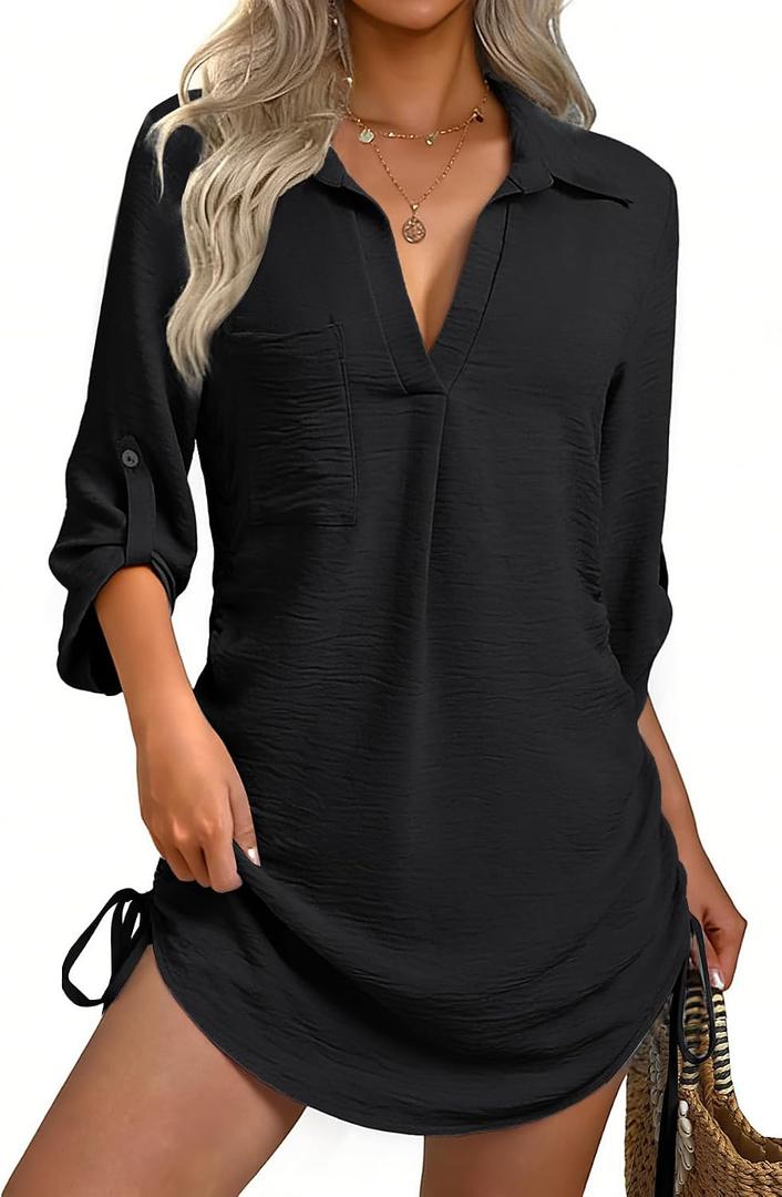 GKBK Women Swimsuit Coverup Bathing Suit Cover Ups for Swimwear Swim Summer Bikini Beachwear Drawstring Beach Dress Shirt, Medium
