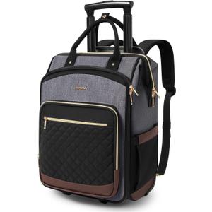Rolling Backpack for Women, Travel Backpack with Wheels, Dual-Opening Wheeled Laptop Backpack, Stylish Rolling Laptop Bag, Overnight Underseat Carry on Luggage for College Business Work, Grey Brown