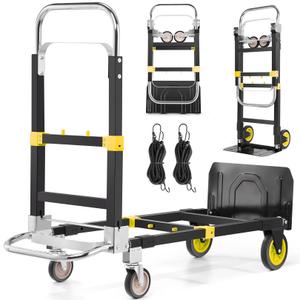 3-in-1 Folding Hand Trucks, 600Lbs Convertible Hand Truck Dolly, Heavy Duty Convertible Dolly with Retractable Handle and 4 Rubber Wheels, Collapsible Cart for Moving Office/Home/Warehous(Yellow), 34 in