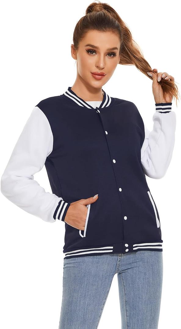Varsity Jacket Women Men's Baseball School Uniform Button Up Unsex Adult Long Sleeve Coat Fashion Jacket (L)