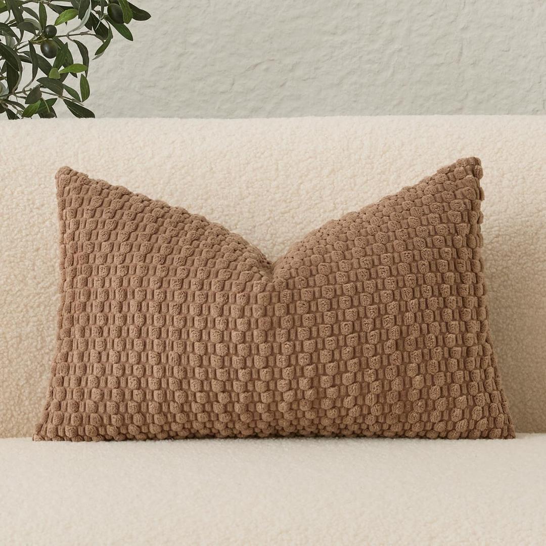 UGASA 14x24 Inch Pillow Cover Pack of 1 Soft Boho Stripe Corduroy Long Rectangle Lumbar Cushion Cover Farmhouse Decorative Throw Pilowcase for Bed, Couch, Sofa, Bedroom, Living Room, Light Brown