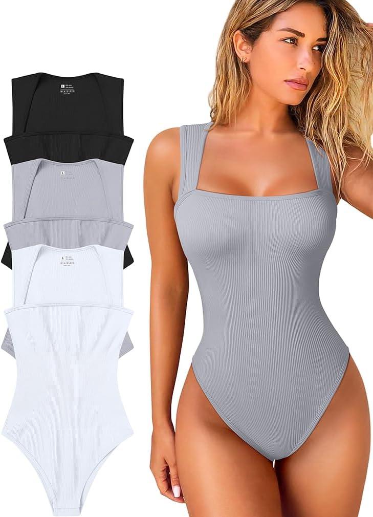 Women's 3 Piece Bodysuits Fashion Casual Sleeveless Square Neck Shapewear Bodysuits (Black,grey,white)