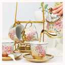 20 Pcs Porcelain Tea Set with Metal Holder, European Ceramic Tea Set for Adults, Antique Enamel Tea Cup Saucer Set for Party, Coffee Tea Gift Sets with Pink Flower Painting (Pink Enamel)