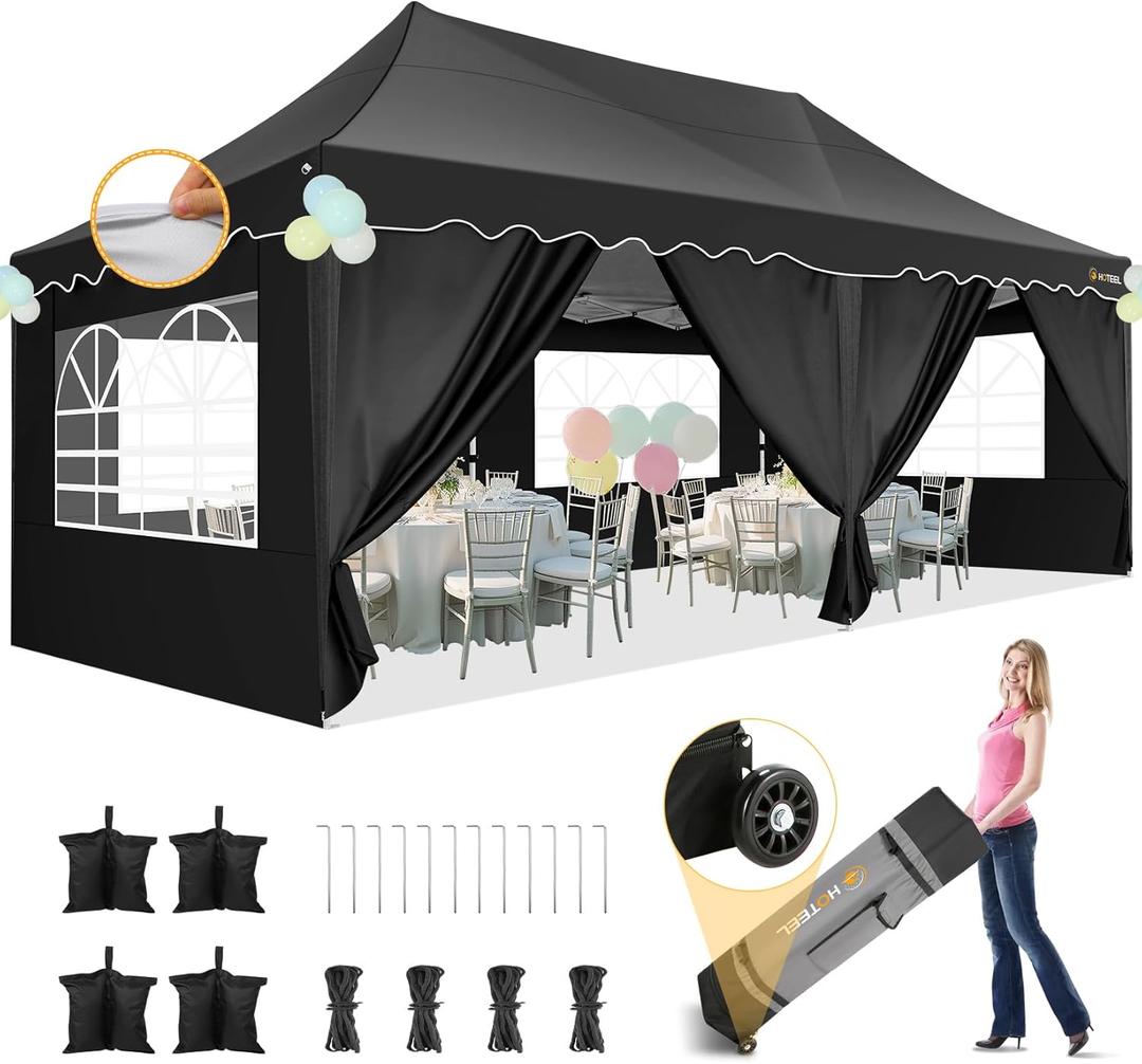 HOTEEL 1020 Pop Up Canopy with 6 Sidewalls, UV 50+ and Waterproof Canopy Tent, Thickened Frame, Large Space Easy Pop Up Canopy, Outdoor Canopy for Weddings, Beaches, Parties, Patio (Black)