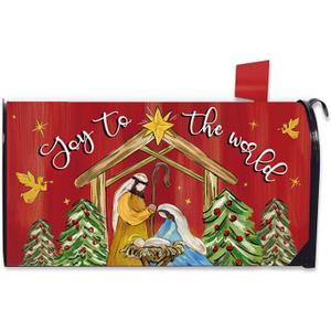 Christmas Nativity Christian Mailbox Cover Magnetic Standard Size 20.5" x 18", Religious Xmas Jesus Joy to The World Decorative Post Letter Box Decor, Red Holiday Garden Yard Outdoor Decoration