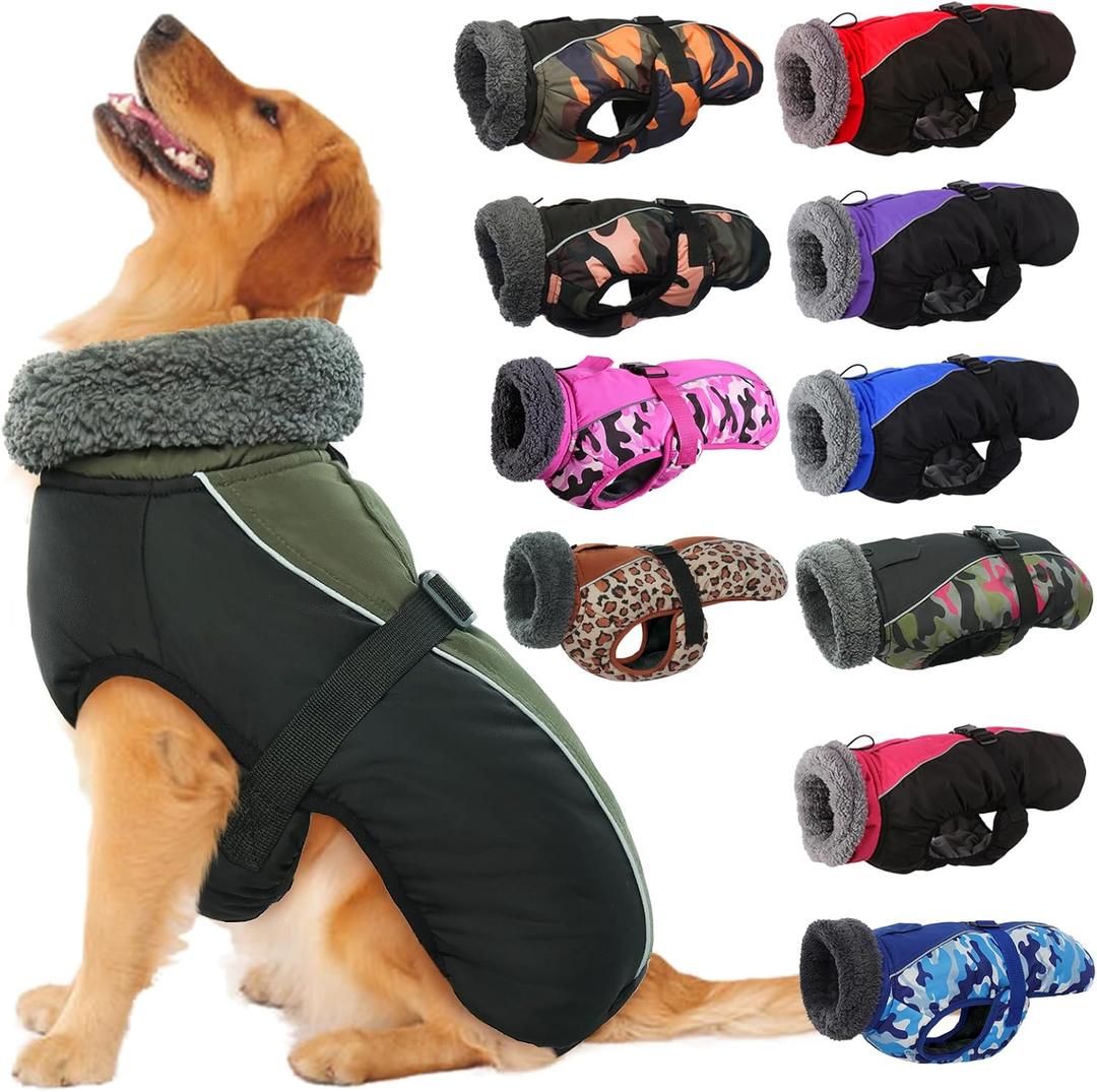 IECOii Extra Warm Reflective Adjustable Dog Jacket - Fleece Turtleneck Winter Coat, Large(Chest:20.9-24.4 in), Army Green