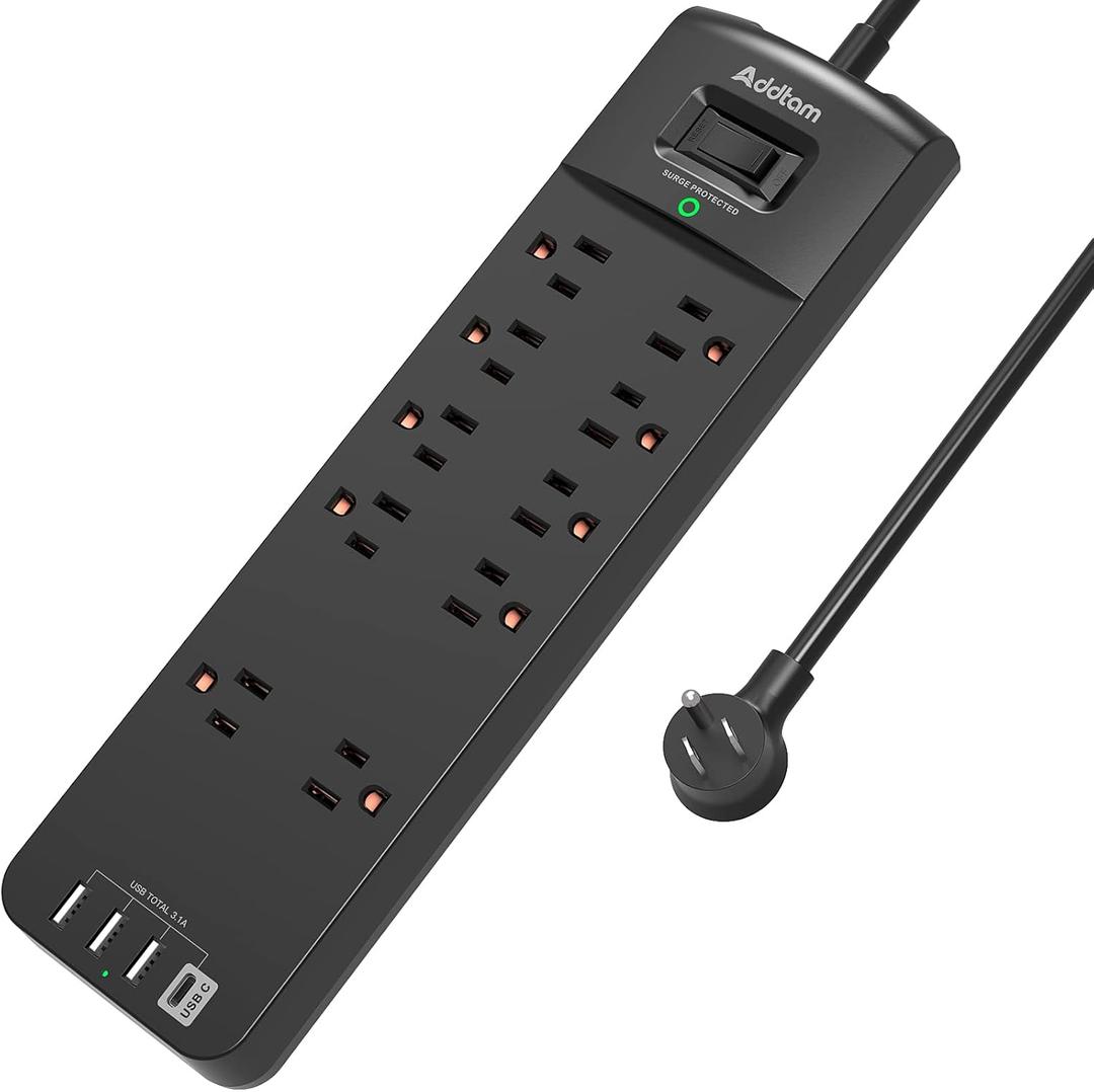 Addtam 15FT Long Power Strip, Surge Protector with 10 Outlets and 4 USB Ports, Extension Cord with Flat Plug, 2700 Joules, ETL Listed, Black