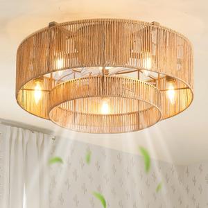 (Similar) 20'' Rattan Boho Ceiling Fan with Light, Enclosed Caged Ceiling Fans with Lights and Remote Control, Coastal Flush Mount with Reversible 6 Speeds for Living Room Bedroom Kitchen