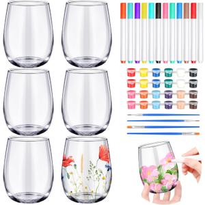 Pickmesh 6 Sets Paint Your Own Wine Glass Crafts Glass Painting Gift 12 Pcs DIY Markers 12 Colors Acrylic Paint with Brushes to Design Your Own Personalized Craft(Stemless)