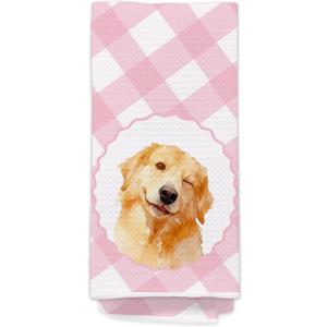 Pink and White Checkered Bathroom Hand Towels - Golden Retriever Dog Bathroom Decor, Golden Retriever Gifts for Women, Housewarming Gifts New Home Idea for Dog Lovers534