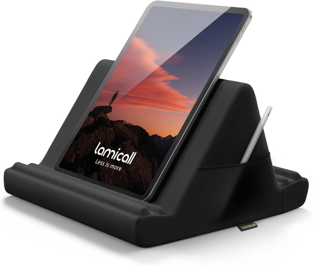 Lamicall Tablet Pillow Holder Stand - Tablet Pillow Soft Pad Dock for Lap, Bed and Desk with Pocket & 4 Viewing Angles, for iPad Pro 13, 11, 12.9, Air, Mini, Kindle, iPhone, 4-13" Devices, Black