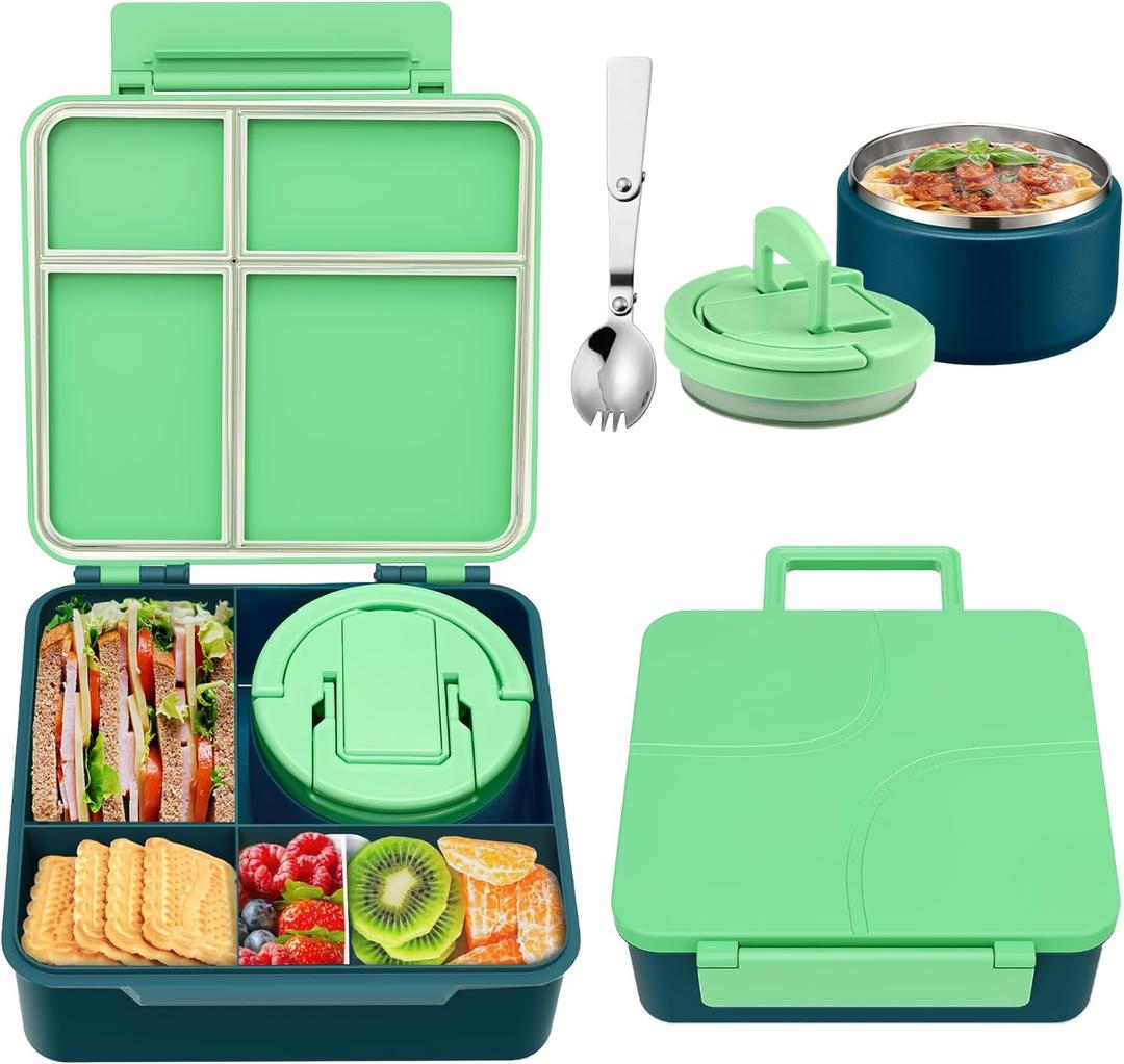 Bento Lunch Box for Kids with 8oz Soup Thermo,Kids Leakproof Lunch Food Containers with 4 Compartment,Kid Insulated Thermo Hot Food Jar for School,Trvael-Green