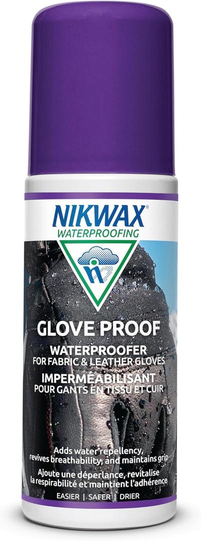 Glove Proof high performance waterproofing treatment restores DWR water repellency for leather, fabric, synthetic, gloves and mittens, revives breathability and protects grip