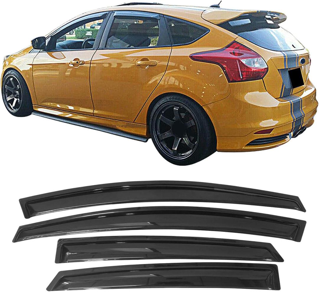 IKON MOTORSPORTS Tape On External Window Visors, Compatible with 2012-2018 Ford Focus, Sun Rain Guard Vent Deflector Smoke Slim Style 4Pcs