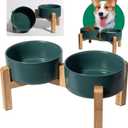 Elevated Ceramic Dog Bowl Set - Raised Dog Bowls with Non-Slip Bamboo Stand - Dog Food and Water Bowl Set - Double Dog Feeding Bowls - Suitable for Small and Medium Dogs - 28.74 OZ - 3.6 CUPS - 850 ML (Green)