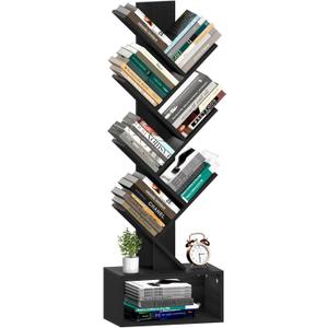 Yoobure Tree Bookshelf, 6 Tier Small Book Shelf Retro Floor Standing Bookcase, Wood Book Storage Organizer Rack, Tall Narrow Bookshelves for Corner/Bedroom/Living Room/Home Office, Black