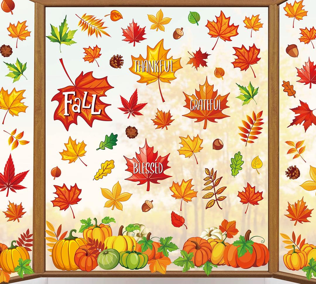 Whaline 9 Sheet Fall Maple Leaves Window Clings Pumpkin Double-Sided Window Decals for Fall Autumn Thanksgiving Harvest Home School Office Accessories Party Supplies Gifts Pack of 3