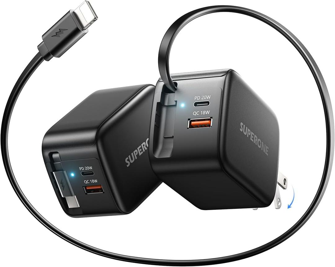 SUPERONE 3-in-1 Retractable iPhone Charger Block with Apple Cable, 58W Travel Fast USB Portable Charger Block with Foldable Plug, for iPhone 17/16/15/14/13/12/11, iPad, Air-Pods and More - Black