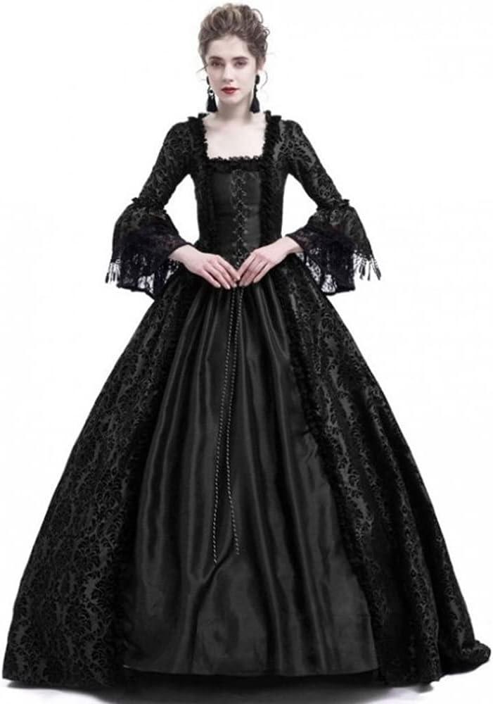 STIOEDYUAN Women's Medieval Queen Vitorian Dress Gothic Ball Gown Renaissance Royal Halloween Fancy Costume (L, Black)