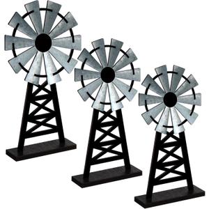 Yulejo Set of 3 Wooden Farmhouse Windmill Table Top Decor - Small Distressed Black Grey Rustic Themed for Kitchen Garden Home