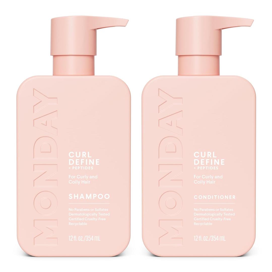 MONDAY HAIRCARE Curl Define Shampoo + Conditioner Set (2 Count) 12 oz Each Nourishes Curls, Tames Frizz, Coconut Oil and Shea Butter Enhance Shine, 100% Recyclable Bottle