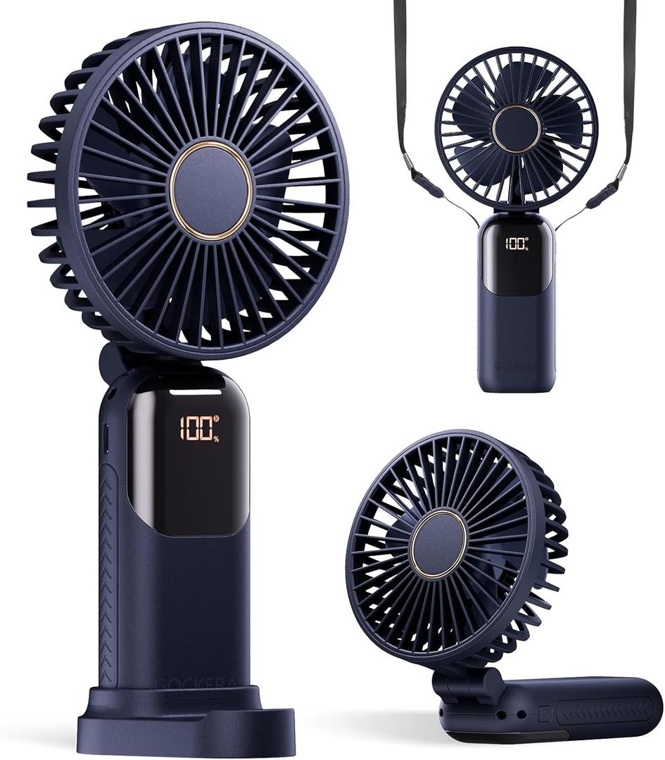 GOCKERA Portable Fan, 4200mAh Battery Operated Fan, 5 Speeds&Digital Display, Makeup Fans for Women with Base, 180Foldable 3in1 Handheld/Neck/Desk Fan for Outdoor Indoor,Ultra Quiet (Blue)