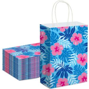 Kolldenn Set of 24 Cute Cartoon Blue Pink Hibiscus Party Gift Bags Hawaiian Party Favors Paper Goodie Candy Bags with Handles for Hawaiian Tropical Birthday Baby Shower Supplies (Bright)