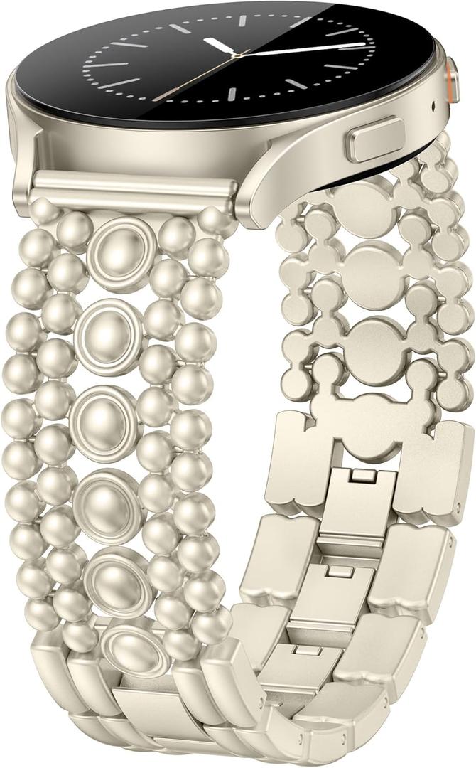 Minyee Compatible with Samsung Galaxy Watch 7 6 5 4 FE 40mm 44mm/Watch 6 Classic 43mm 47mm/Watch 5 Pro 45mm Band Women, 20mm Pretty Dressy Stainless Steel Metal Adjustable Round Studded Link Bracelet (Champagne Gold)