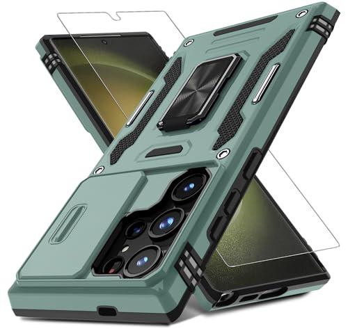 DEERLAMN Case for Samsung Galaxy S25 Ultra with Slide Camera Cover, Rotated Ring Kickstand Military Grade Shockproof Protective Cover-Green