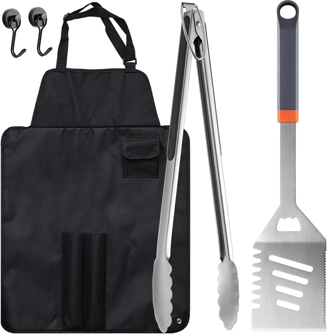 5-Piece Grill Tools Set, BBQ Grilling Accessories with Spatula, Tongs, Portable Grill Utensils Set with Hooks & Storage Apron, Stainless Steel Grilling Tools Kit, Gifts for Men Dad