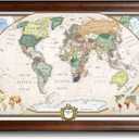Renditions Gallery Colorful World Map Canvas Wall Art with Walnut Frame Wall Hanging Travel Map with Push Pins for Home, Office, Classroom