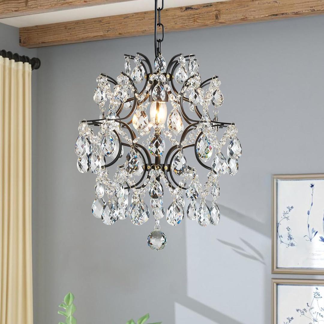 Bestier Black Modern Pendant Chandelier Crystal Raindrop Lighting Ceiling Light Fixture Lamp for Dining Room Bathroom Bedroom Livingroom entryway 1 E26 Bulbs Required D13 in x H16 in