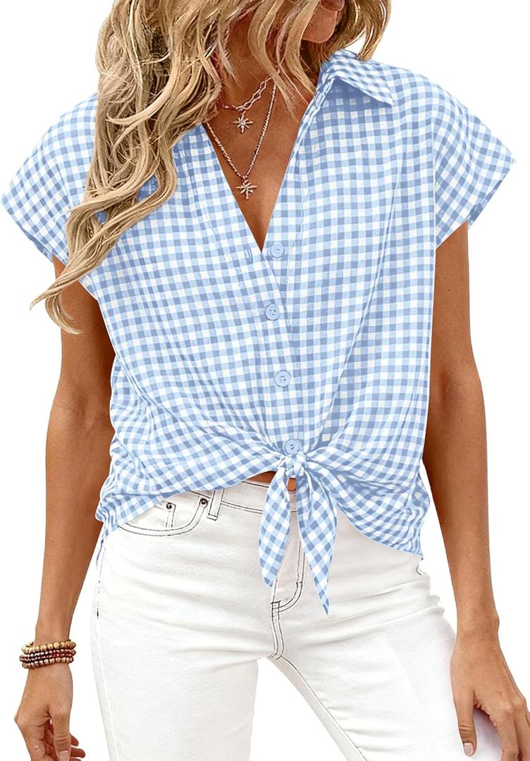 PRETTYGARDEN Womens Short Sleeve Shirts Plaid Button Down Blouse Dressy Casual 2026 Summer Spring Business Gingham Work Tops (Small, Light Blue)