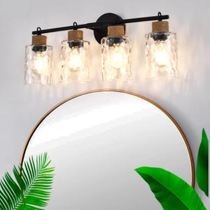 4-Light Bathroom Light Fixtures, Coastal Vanity Lights with Crystal Glass Shade, Black Bathroom Wall Lamp for Mirror Kitchen Hallway Bedroom 4-Light Bathroom Light Fixtures, Coastal Vanity Lights with Crystal Glass Shade, Black Bathroom Wall Lamp for Mirror Kitchen Hallway Bedroom
