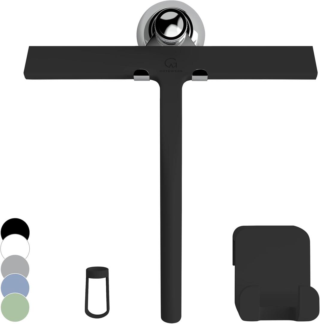 GTEWERK Silicone Shower Squeegee for Glass Doors & Mirrors with Stainless Steel Core, Streak-Free & No-Squeak Window Cleaning, 3-in-1 No-Drill Mount (Hook/Suction/Adhesive), Black, 9''