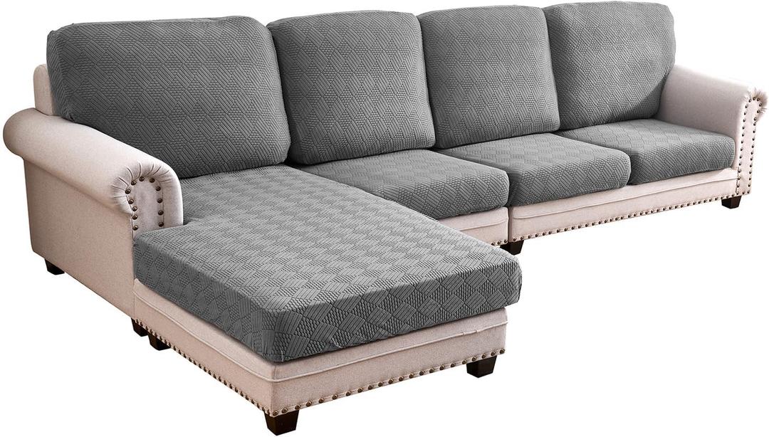 Deep Dream Sectional Couch Covers 8 Pieces, Stretch Couch Cushion Covers, L Shaped Washable Sofa Covers for Left/Right Sectional Sofa (4 Backrest Cover + 3 Seater + 1 Chaise, Dark Grey)