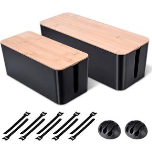 2 Pack Large Cable Management Box Wooden Style Cord Organizer Box and Cover for TV Wires, Computer, Router, USB Hub and Under Desk Power Strip Safe ABS Material and Baby-Pets Proof Lock (Black)