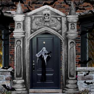 3 Pcs Halloween Mansion Decor Archway Cemetery Graveyard Decorations Haunted Gothic Cover 3D Halloween Banners Skull with Tombstone Sign Spooky Pillar Sign for Outdoor Party Supplies