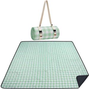 WILLOW WEAVE Picnic Blanket, 80''x80'' Waterproof Outdoor Blankets, Picnic Mat Washable for Beach, Picnic Blankets for Camping on Grass with Shoulder Strap - Green & White