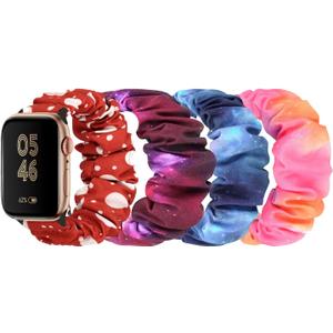 4 Packs Scrunchie Band Compatible with Apple Watch 38mm 40mm 41mm 42mm 44mm 45mm 49mm,Cute Printed Elastic Bands Women Bracelet Strap for iWatch Series 8 7 6 5 4 3 2 1 SE Ultra (Polka Dot + Blue Stars + Pink Stars + Purple Stars)
