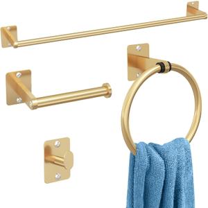 Bathroom Accessories Set, KLJKPA 4 Pieces Gold Bathroom Hardware Set, 24 inch Towel Bar, Towel Racks for Bathroom, Robe Towel Hooks, Toilet Paper Holder Wall Mounted