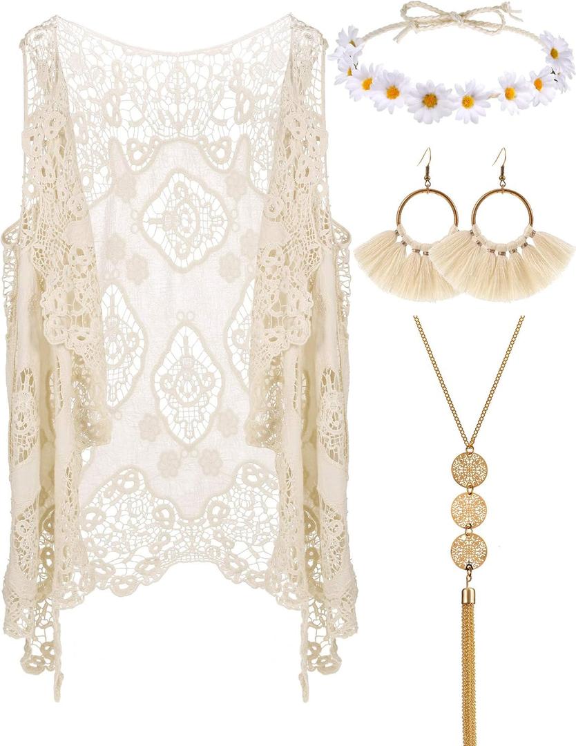 WILLBOND 4 Pcs Halloween 60s 70s Outfits for Women Hippie Costume 70s Costume Tops Accessories Women Fringe Hippie Vest (X-Large, White)