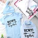 Cutecrop 4 Set Baby Boy Girl Twins Bodysuits Set Twins Matching Outfits Includes 4 Pcs Newborn Baby Romper 4 Pack Bibs and Hat for Boy Girl Gifts