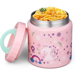 Insulated Thermo Food Jar for Kids - 17 Oz Capacity, Suitable for Hot & Cold Foods, Leak-Proof Vacuum Stainless Steel Design with Wide Mouth for Lunches, Soups and Travel (Light Pink Unicorn)