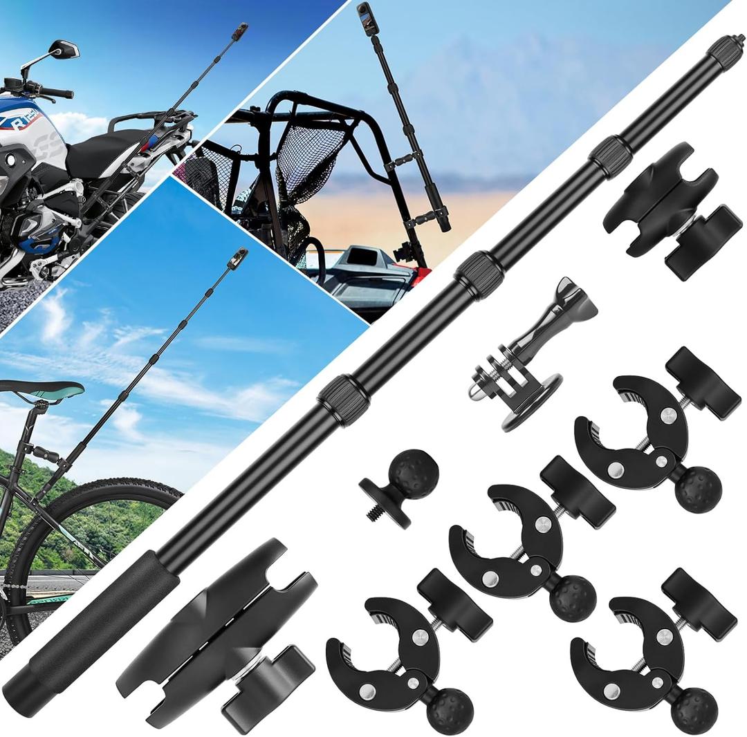 Motorcycle Mount Kit Compatible with Insta 360 X4 X5, Bike Handlebar Clamp Mounts for Gopro, 59" Invisible Selfie Stick with Double Clamp for Action Camera, Motorcycle Bicycle Riding Records