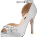 ERIJUNOR Women's Peep Toe Platform High Heel Rhinestones Satin Evening Prom Wedding Shoes (Silver)