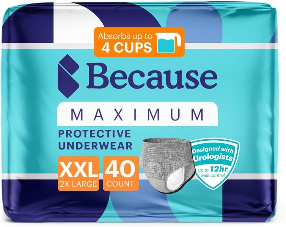 Because Maximum Incontinence Underwear for Men - Heavy Bladder Leak Protection, Ideal for Overnight Leakage, Sleek, Invisible Fit, Grey, XXLarge - Absorbs 4 Cups - 40 Count (4 Packs of 10)