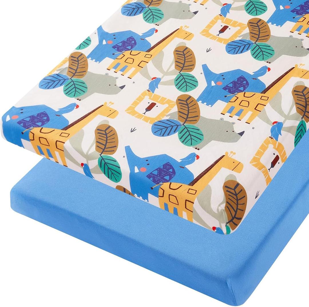 TILLYOU Mini Crib Sheets Fitted 2 Pack, Pack and Play Sheets for Toddler Mattress, Soft and Breathable 38x 24 Pack n Play Mattresses Cover, Animal Geometry & Blue