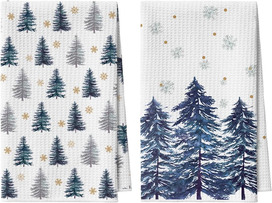 Artoid Mode Blue Xmas Tree Snowflakes Christmas Bar Kitchen Towels, 12x24 Inch Quick Dry Microfiber Cloth Dish Towels for Kitchen Drying Set of 2